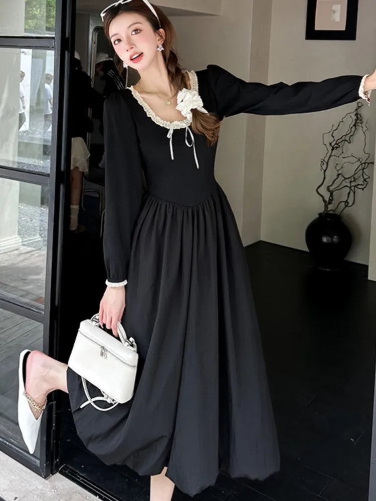Autumn Sweet Black Midi Dresses for Women Elegant Long Sleeve Female Clothes Evening Party Dress Prom Robe Slim A-Line Vestidos