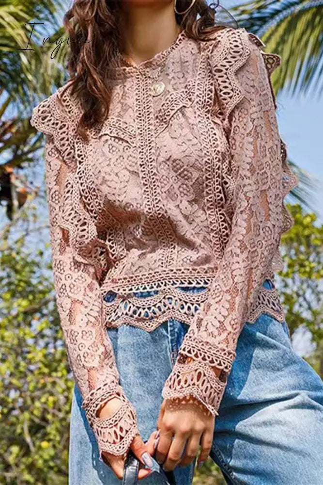 Ingvn - Sexy Solid Lace Zipper O Neck Tops