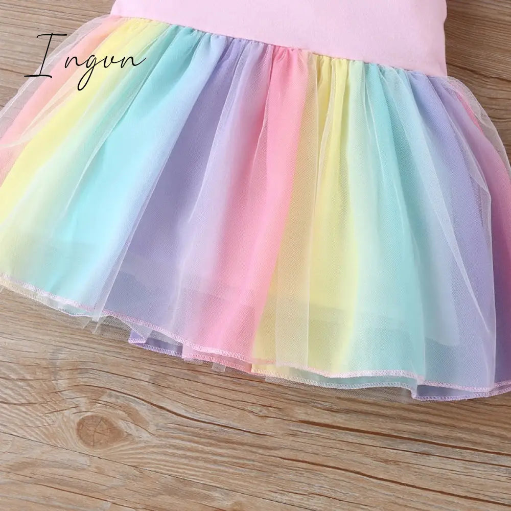 Ingvn - New Summer Baby Girls Tutu Dress Children Party Little Girl Kids Clothes Flying Sleeve Princess Rainbow Patchwork Outfits Dress