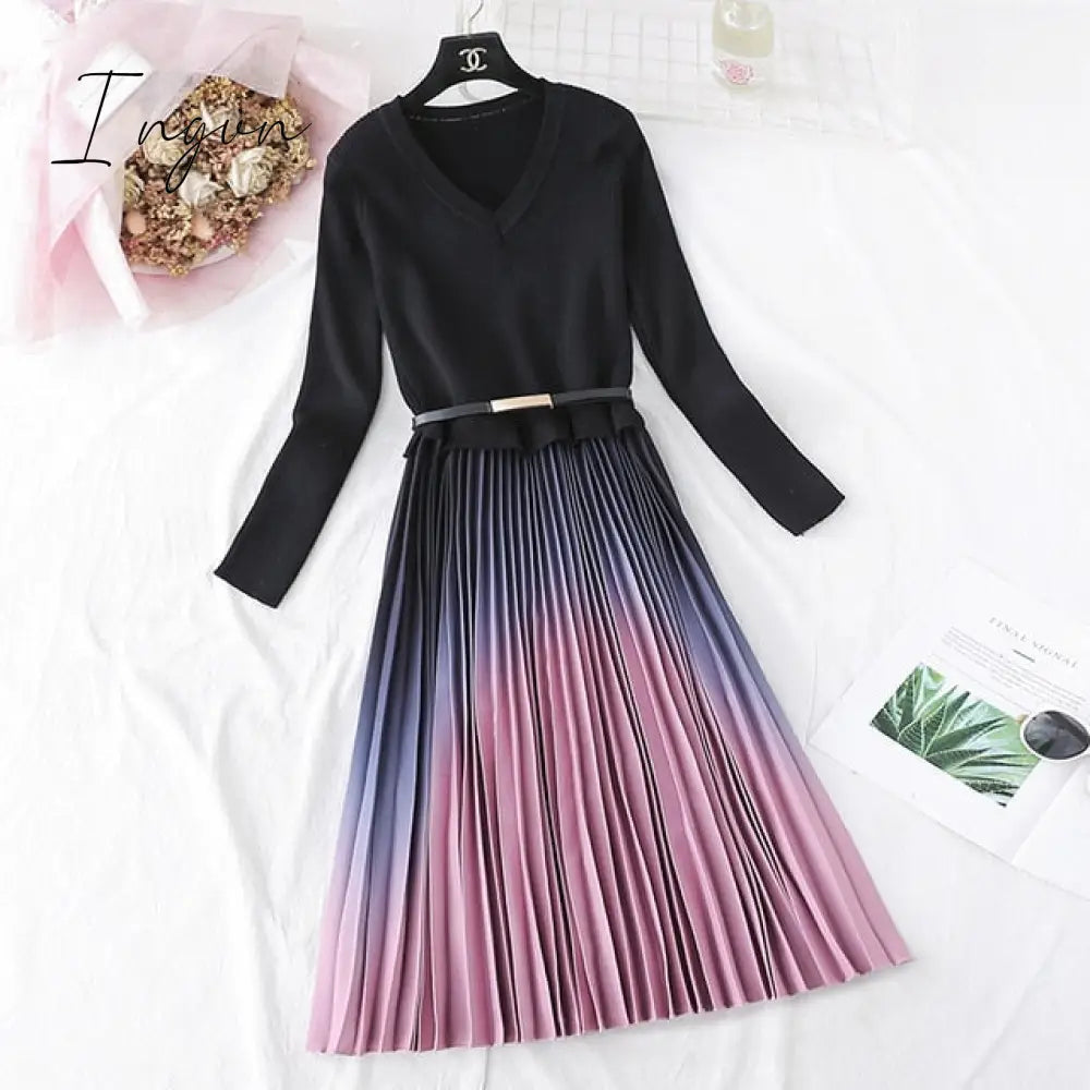 Ingvn - Autumn Winter Elegant Knitted Patchwork Gradient Pink Pleated Dress Women Long Sleeve Office One-Piece Sweater Dress With Belt