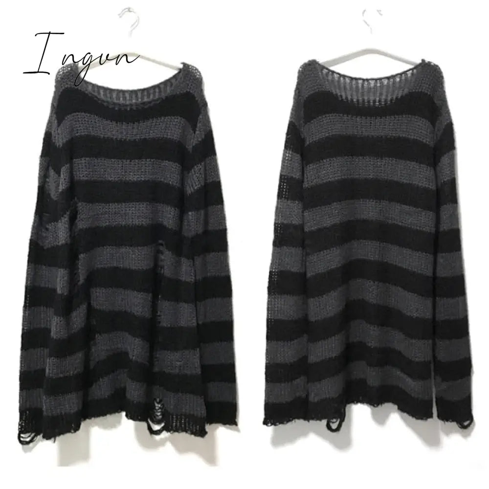 Ingvn - Punk Gothic Long Unisex Sweater  Summer Women Striped Cool Hollow Out Hole Broken Jumper Loose Rock Thin Dark Streetwear Top