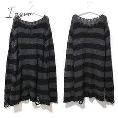 Ingvn - Punk Gothic Long Unisex Sweater  Summer Women Striped Cool Hollow Out Hole Broken Jumper Loose Rock Thin Dark Streetwear Top