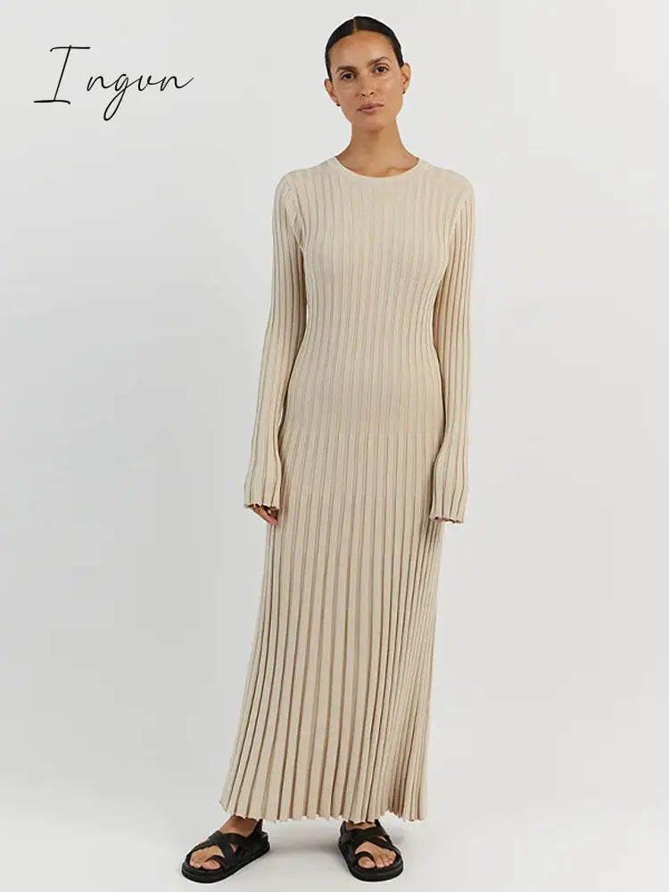 Ingvn - Solid Color Round Neck Long Sleeved Knitted Dress Women Pleated Slim White Long Robes 2023 Summer Lady Office Streetwear Vestido
