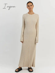 Ingvn - Solid Color Round Neck Long Sleeved Knitted Dress Women Pleated Slim White Long Robes 2023 Summer Lady Office Streetwear Vestido