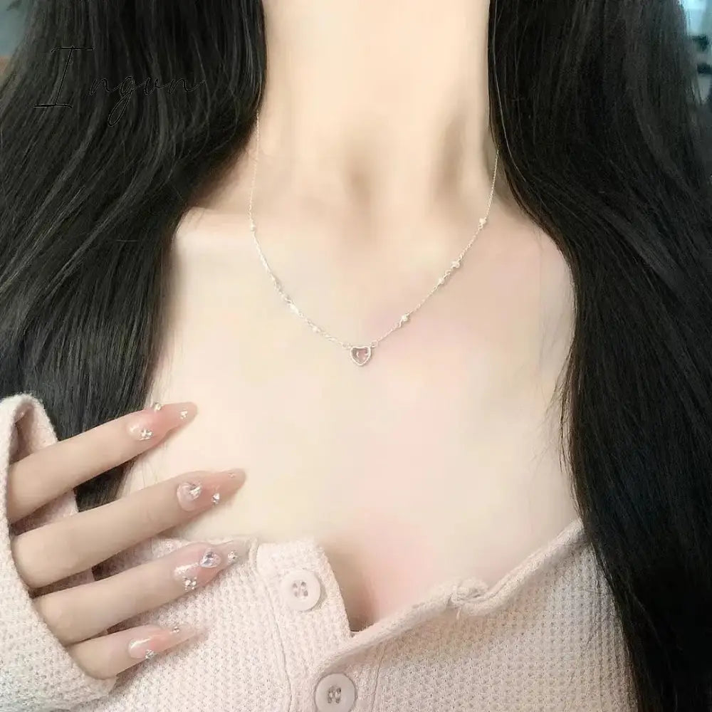 Korean Pink Heart Shape Necklace For Women Fashion Shiny Crystal Pendant Necklace Rhinestone Chain Party Aesthetic Jewelry Gift