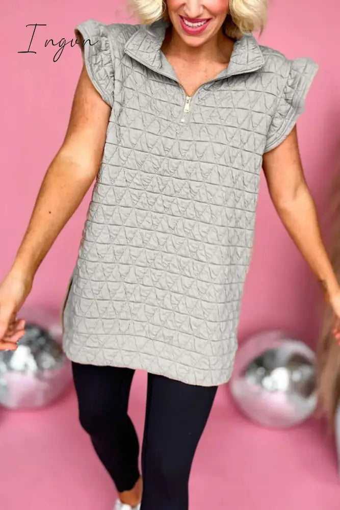 Ingvn - Casual Solid Zipper V Neck Tops