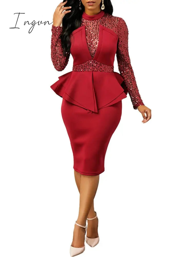 Ingvn - New arrival spring sexy lady 3 colors mid dress zipper fly ruffles bud dress full sleeve slivers office lady new dress