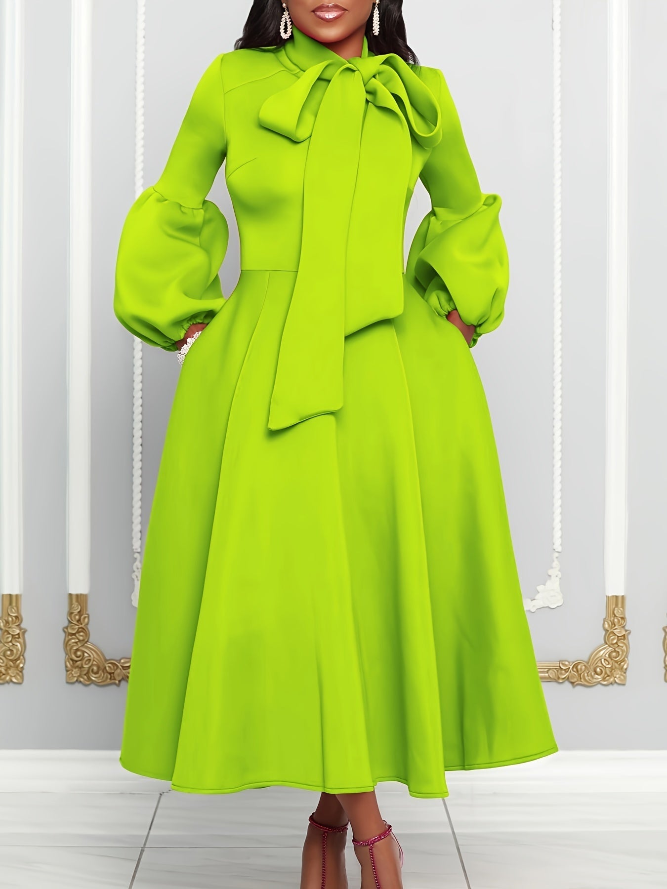 Solid Color Tie Neck Aline Dress, Elegant Ruffle Trim Lantern Sleeve Dress For Spring & Fall, Women's Clothing