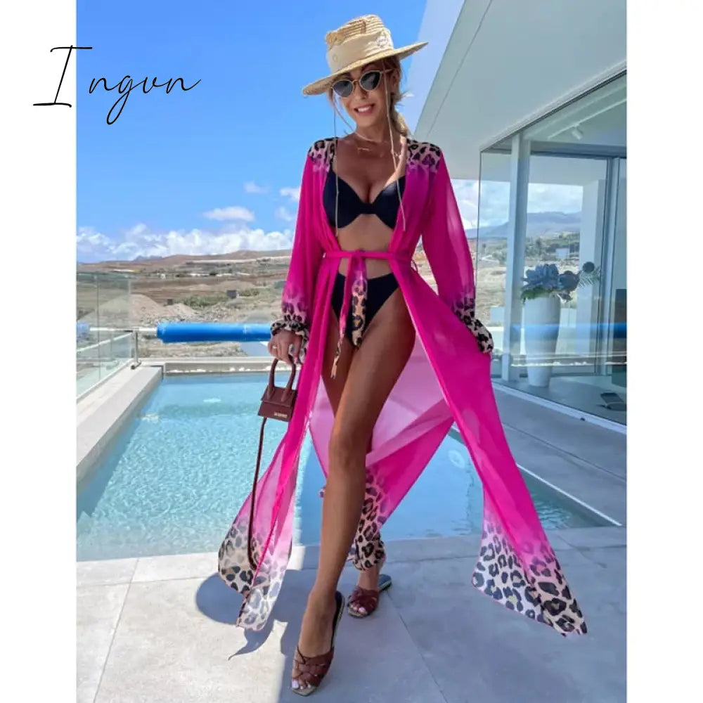 Ingvn - 2023 Swimsuit Cover Up Kaftan Tunic Dress Print Chiffon Pareo Kimono Summer Women Beachwear Beach Cover-up Cardigan Outfits