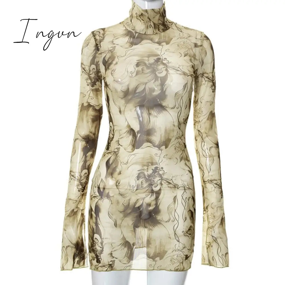 Ingvn - Long Sleeve Printed Tie Dye Bodycon Mini Dress Women Autumn Elegant Party Evening Sexy Fashion Casual Slim Vacation Dresses