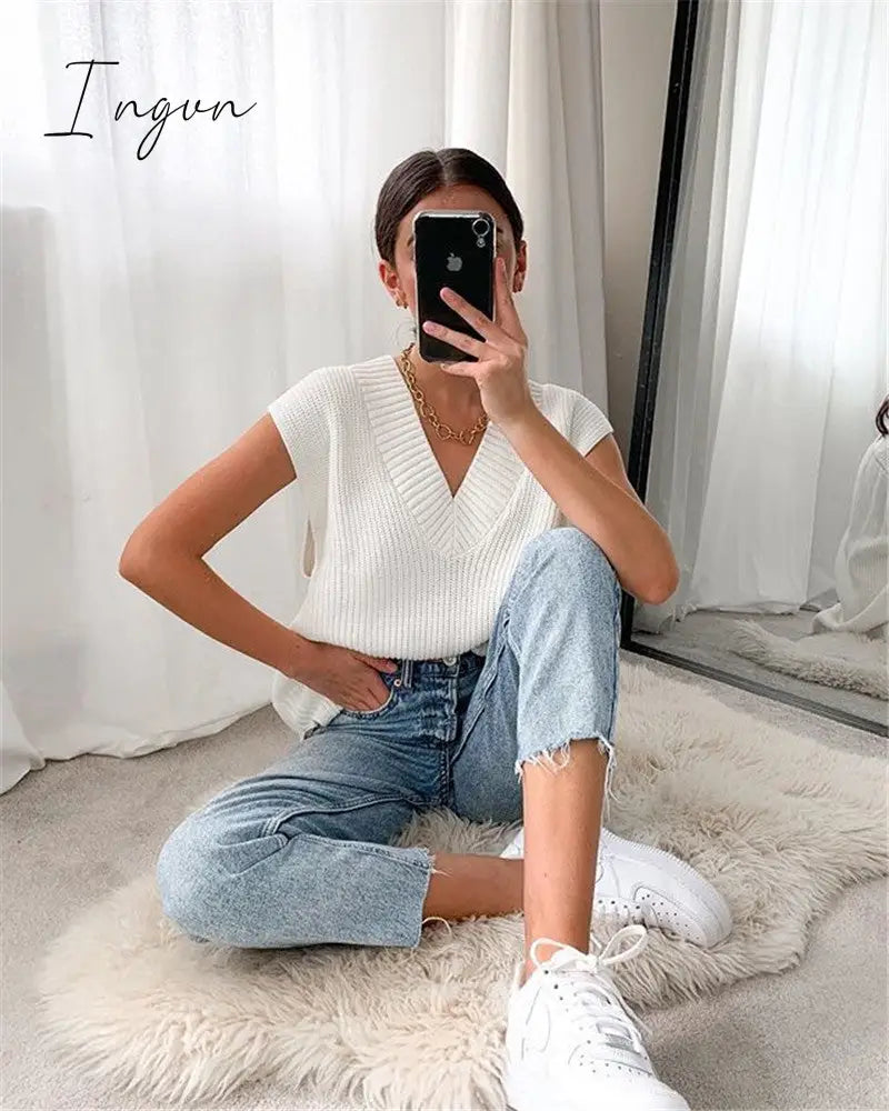 Ingvn - Women V Neck Sweater Vest Korean Preppy Style Solid Knitted Sleeveless Sweater Female Autumn Winter Casual Loose Pullover Jumper