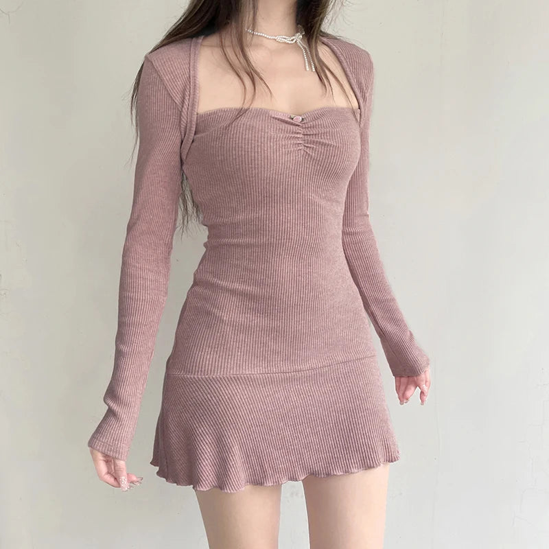Cute Coquette Pink A-line Mini Dress Fairycore Sweet Full Sleeve Square Collar Short Dresses for Women Spring Autumn y2k