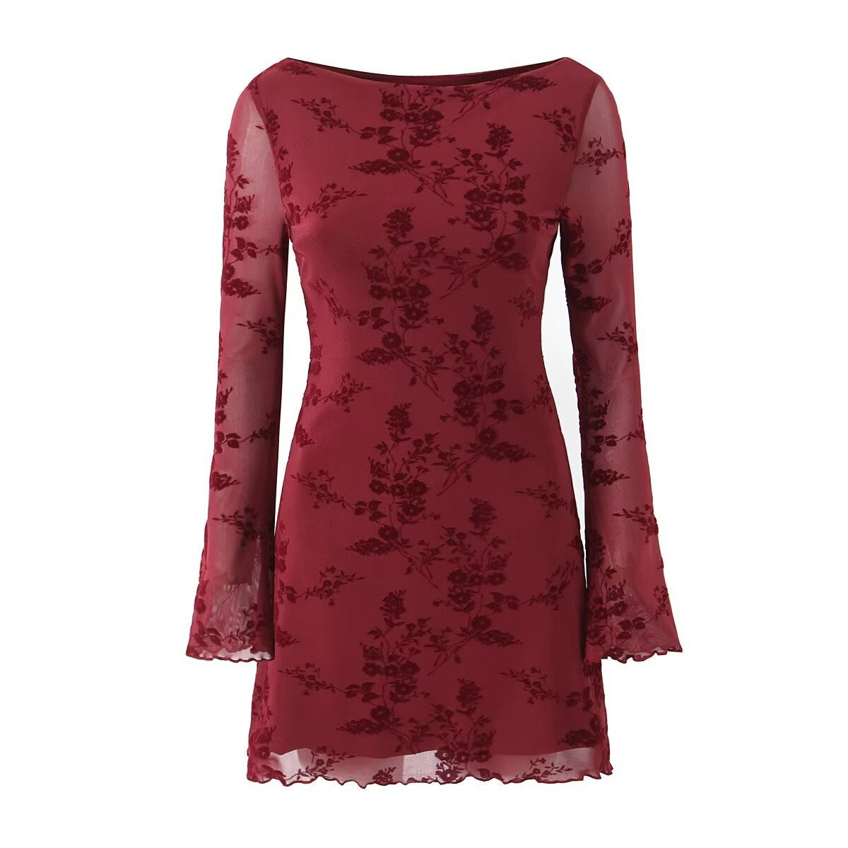 Niche French Style Retro Hot Girl Flocking Pattern Horn Sleeve Long Sleeve Slim-fit Hip Sexy dress Skirt for Autumn