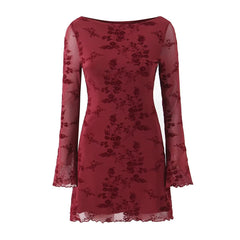 Niche French Style Retro Hot Girl Flocking Pattern Horn Sleeve Long Sleeve Slim-fit Hip Sexy dress Skirt for Autumn