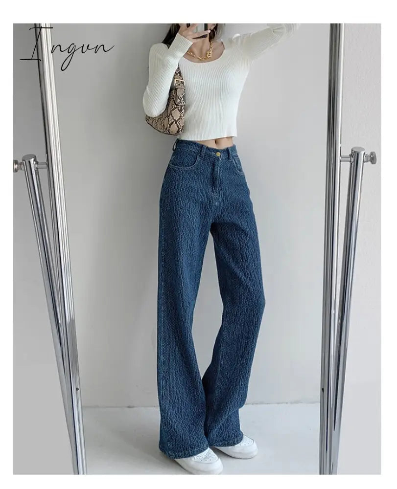 Ingvn - Women Jeans High Waist Casual Streetwear y2k Baggy Office Lady New Fashion Korean Denim Trousers Female Straight Wide Leg Pants