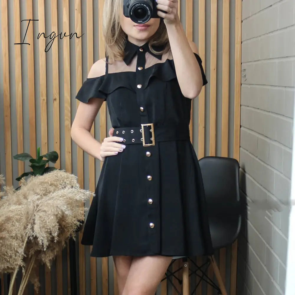 Ingvn - Korean OL New Single Breasted Women Summer Dress Sweet Chic Black office work Short mini Dresses With Belt Vestidos jurken