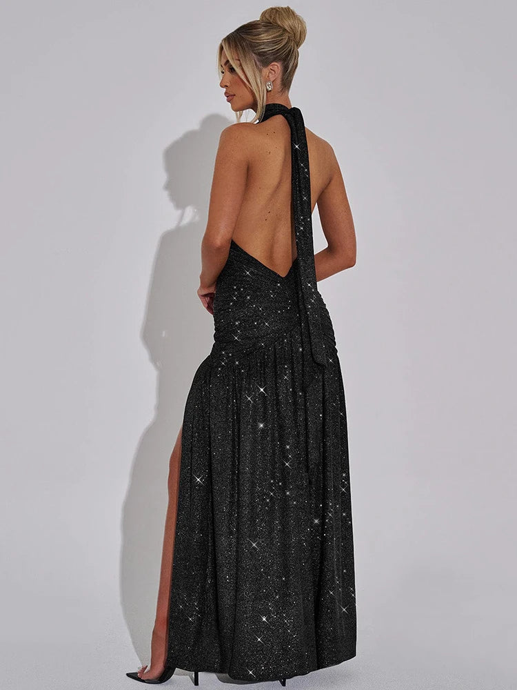 Glitter Deep V Neck Sexy Maxi Dress For Women Fashion Sparkle Halter Sleeveless Backless Split Club Long Dress