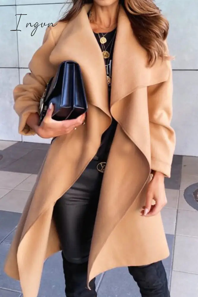 Ingvn - British Style Elegant Solid Bandage Turndown Collar Outerwear