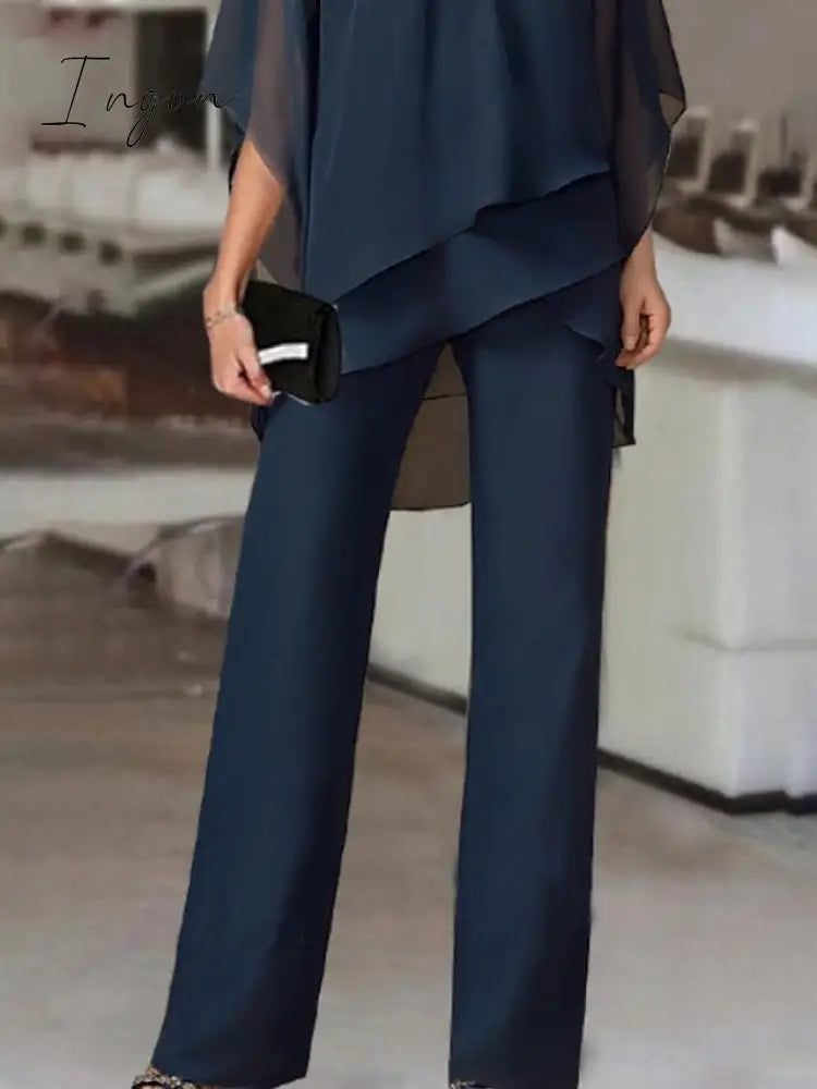 Ingvn - Jumpsuits for Women Summer Dressy Solid Color Round Neck Elegant Daily Vacation Straight Regular Fit Half Sleeve Navy Blue 3XL Spring Fall