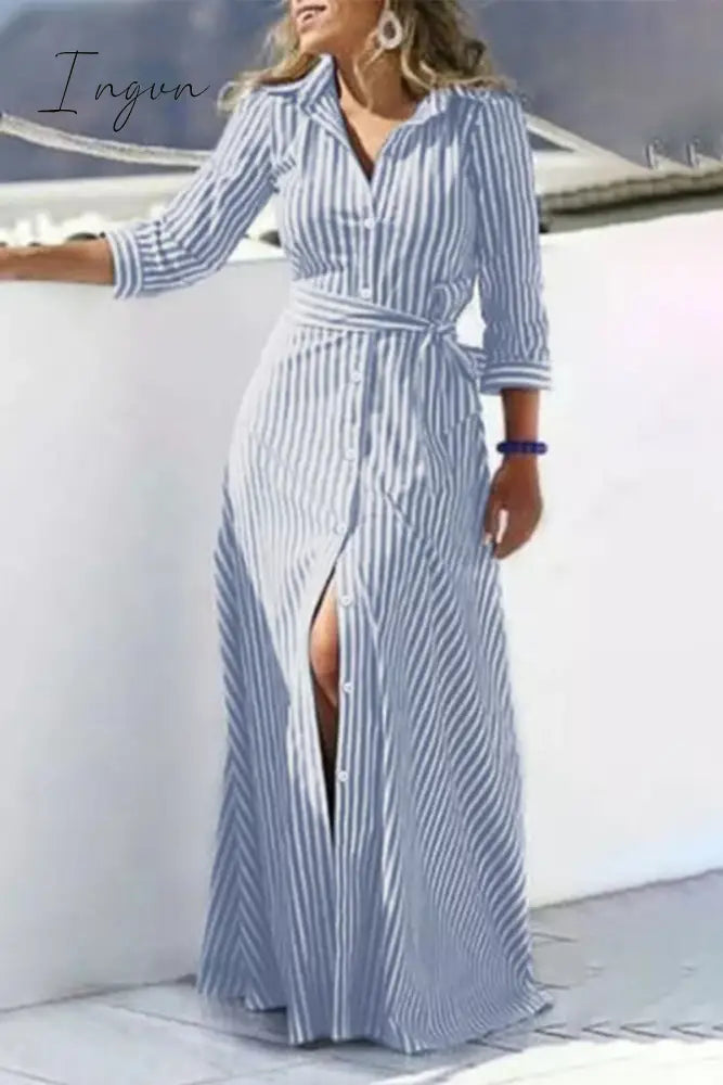 Ingvn - Casual Striped Print Buckle With Belt Turndown Collar Shirt Dress Dresses
