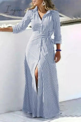 Ingvn - Casual Striped Print Buckle With Belt Turndown Collar Shirt Dress Dresses