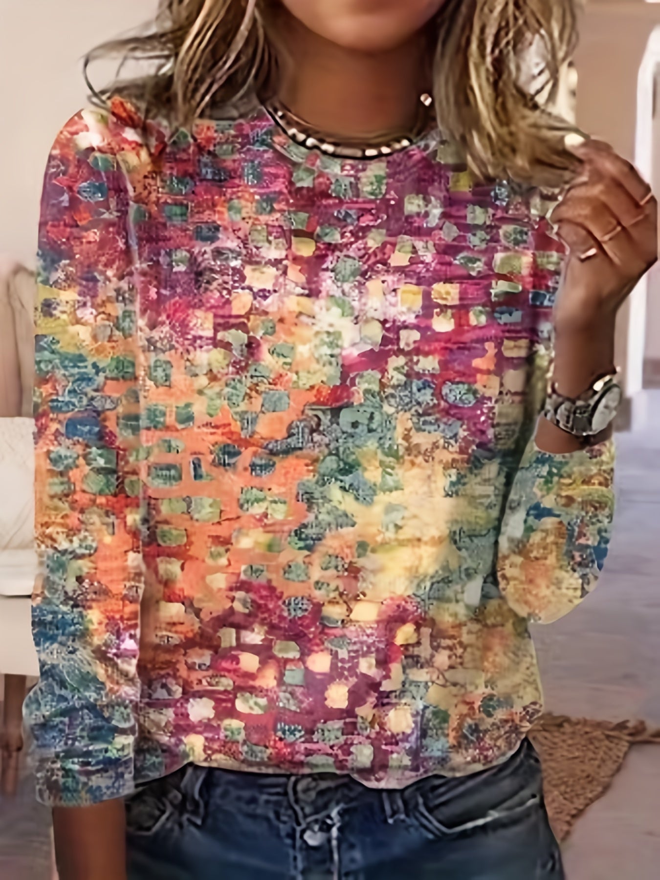 Graphic Print T-shirt, Vintage Crew Neck Long Sleeve T-shirt, Women's Clothing