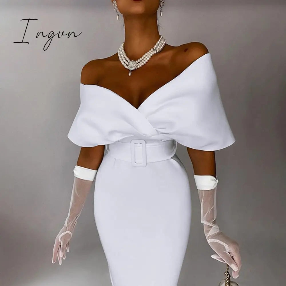 Ingvn - Autumn Elegant Dress Fashion Off shoulder V-neck High Waist Belt Slim Party Evening Dress Women