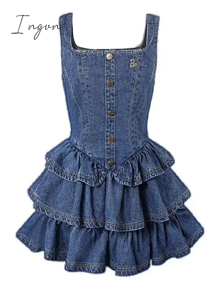 Ingvn - 2023 Autumn Camisole Jean Dress Sleeveless Denim Slim Vintage Y2k Mini Dress Women 3 Piece Dress Set Korean Fashion Clothing