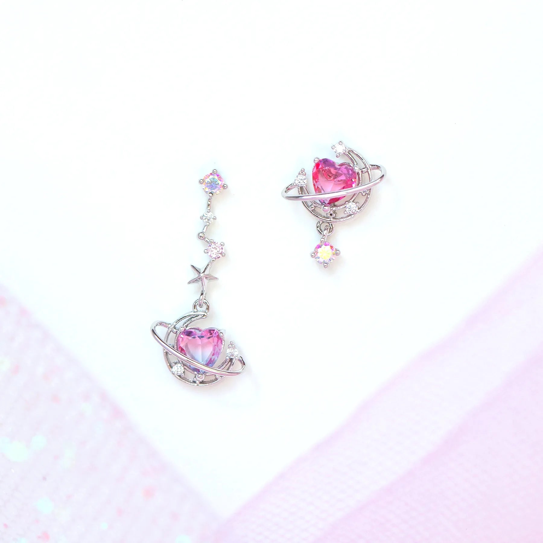 INGVN  New Ins Asymmetric Moon Heart Earring For Women Cute Gold-plated Pink Zircon Heart Stud Earrings Fashion Aesthetic Jewelry Gift