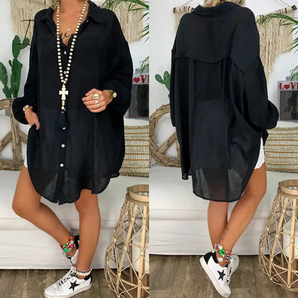 Ingvn - Women Long Blouses Shirts Dress Office Lady Work Dresses Casual Solid Lapel Vestidos Cotton Linen Tunic Shirt Robe Femme Dresses