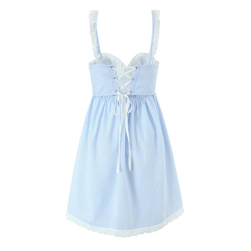 Women Lace Spliced Blue Striped Sling Short Dress Sexy Backless Bandage High Waist A-line Casual Summer Dresses