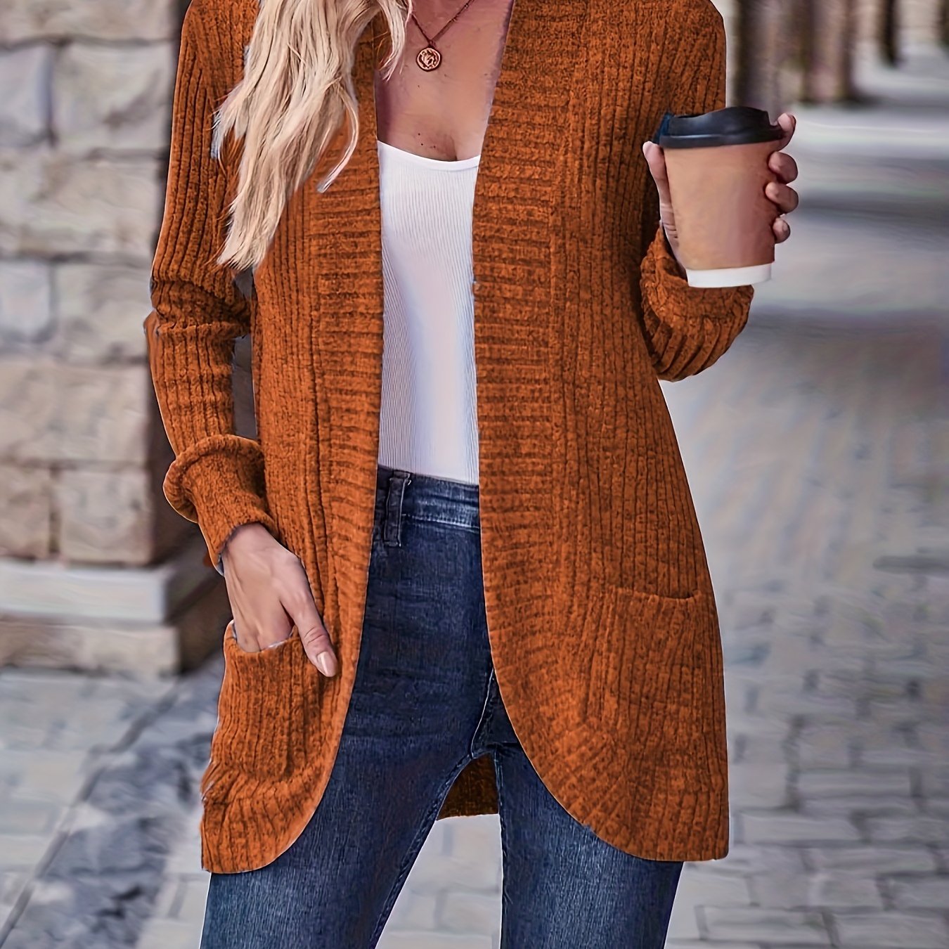 Solid Color Open Front Cardigan, Versatile Long Sleeve Pockets Cardigan For Spring & Fall, Women's Clothing