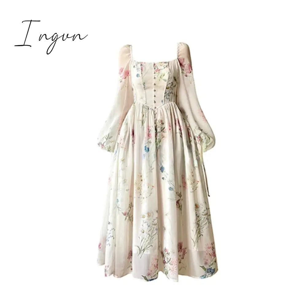 Ingvn - French Elegant Floral Midi Dress Chiffon Long Sleeve Evening Party Dress Woman Beach Fairy One Piece Dress Korean 2023 Summer