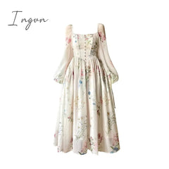 Ingvn - French Elegant Floral Midi Dress Chiffon Long Sleeve Evening Party Dress Woman Beach Fairy One Piece Dress Korean 2023 Summer