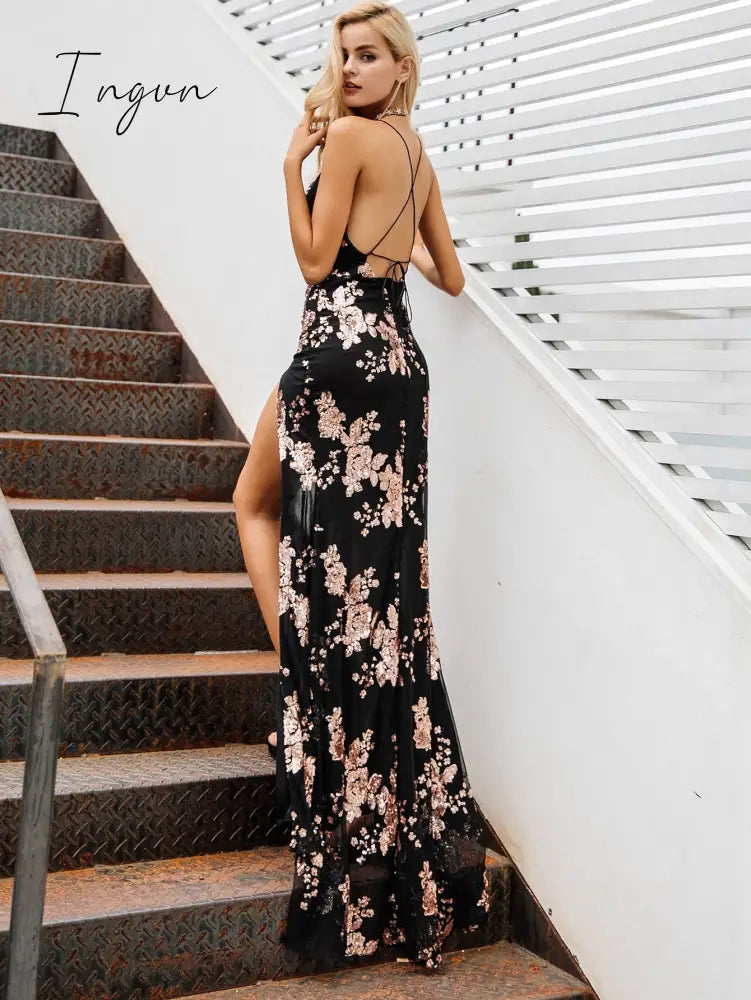 Ingvn - Fashion Trends Sexy lace up halter sequin party dresses women High split maxi dress festa female Christmas evening long dress vestidos