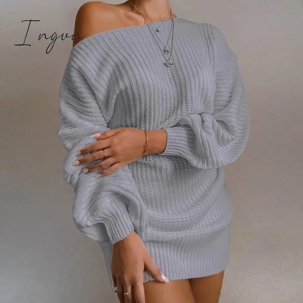 Ingvn - The hottest ladies casual off-shoulder lantern sleeve knitted sweater dress