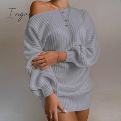 Ingvn - The hottest ladies casual off-shoulder lantern sleeve knitted sweater dress