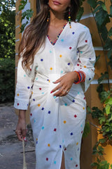 Ingvn - Casual Embroidery Slit V Neck Long Sleeve Dresses