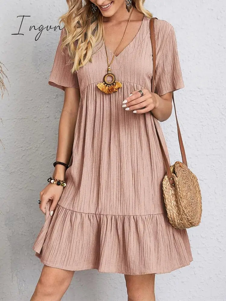 Ingvn - Spring summer v-neck floral short-sleeved dress