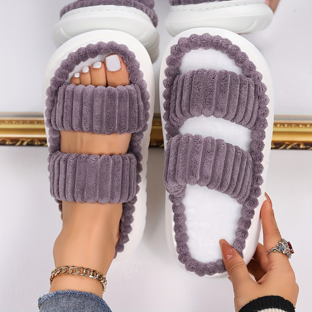 Chic Plush Double-Strap Slippers - Comfy Non-Slip Sole, Open-Toe Design - Stylish Indoor Footwear