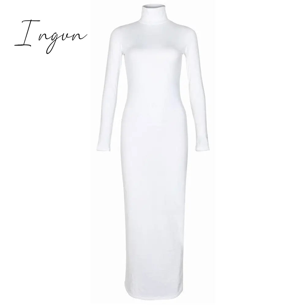 Ingvn - Turtleneck Long Dress Autumn Winter Muslim Elegant Office Lady Skinny Long Sleeve Bodycon Casual Dress Women Midi Clubwear GV464