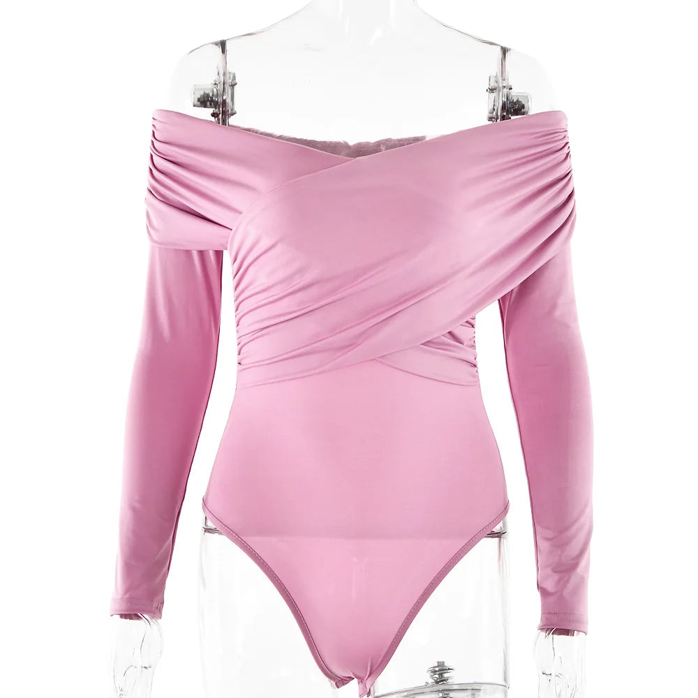 Ingvn  Sexy V-neck Long Sleeve Bodysuits Fashion Autumn Off Shoulder One Piece T-shirts Streetwear Female Folds Pink Tops Jumpsuit