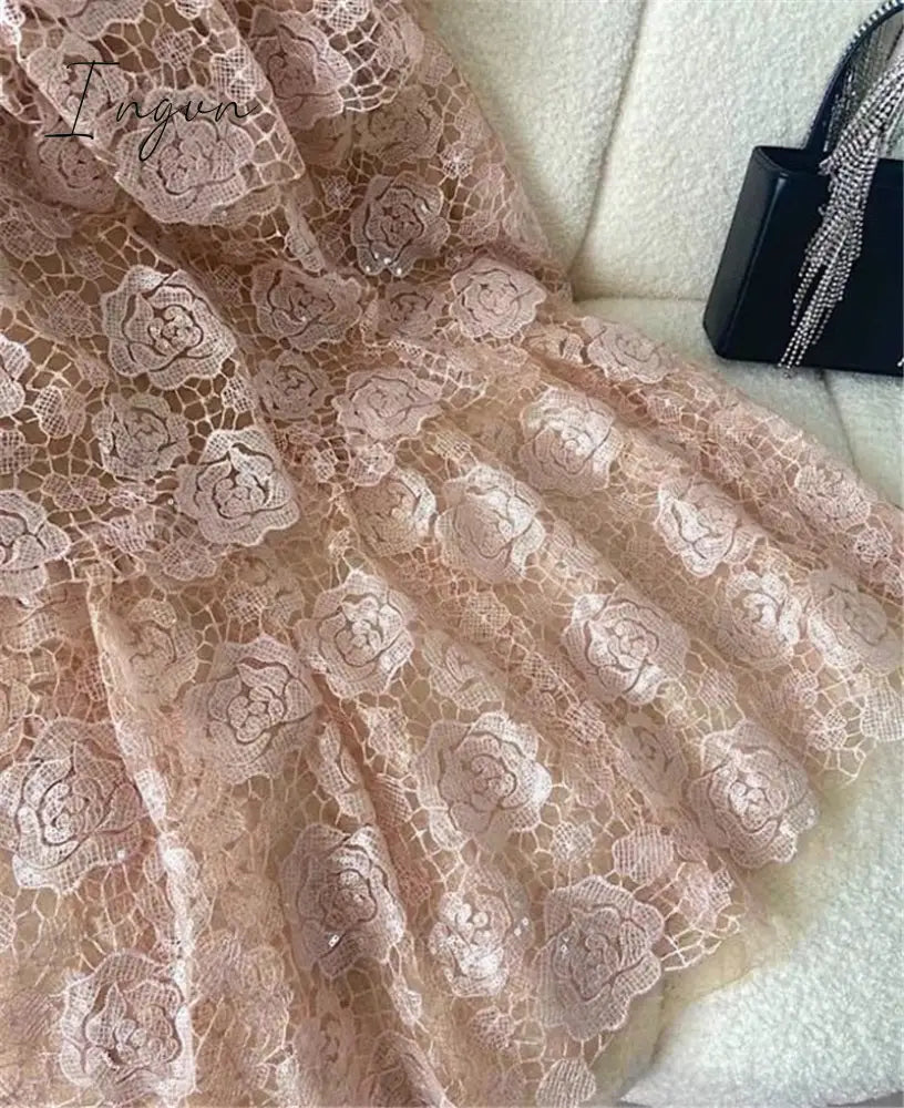 Ingvn - 2023 Summer Pink Women Lace Gauze Dress Mesh Tulle V Neck Bow Tie Rose Embroidery Midi Long Sequin Dress Evening Robe Quality