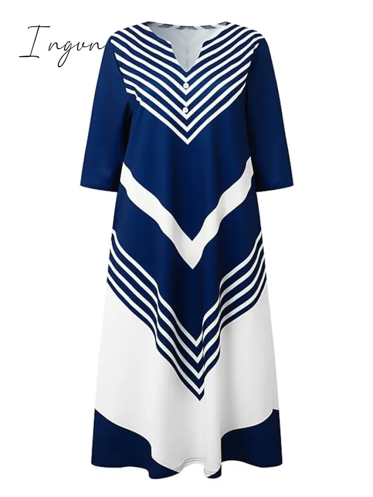 Ingvn - Women's Casual Dress Shift Dress Midi Dress Black and white stripes Green Dark Blue Half Sleeve Color Block Button Summer Spring V Neck Basic Vacation 2023 S M L XL XXL 3XL