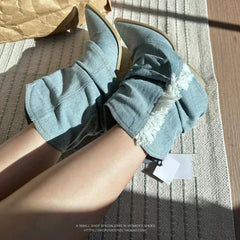 Ingvn  Pointed Toe Denim Women Western Cowboy Boots Fashion Slip On Short Booties Retro Style Autumn Winter Female Shoes