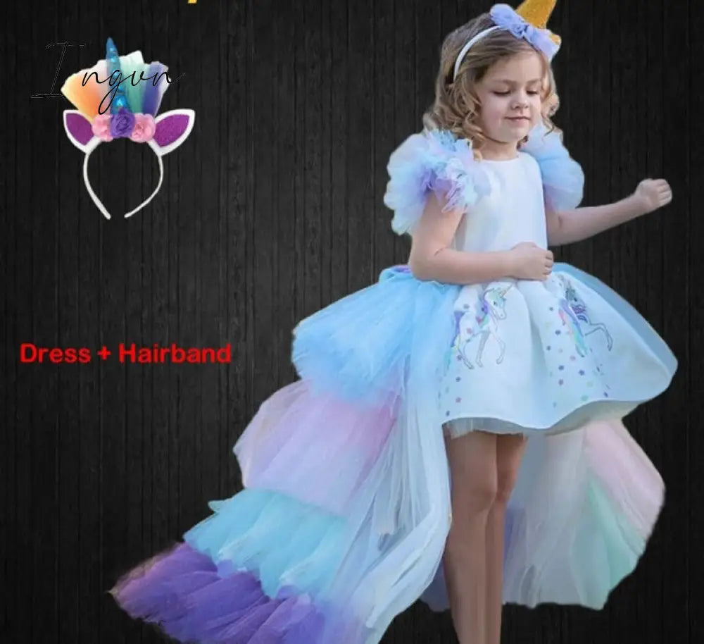 Ingvn - Christmas Girls Unicorn Dress with Long Tail + Wings Wig Hairband Baby Girl Princess Birthday Party Ball Gown Kids Horse Clothes