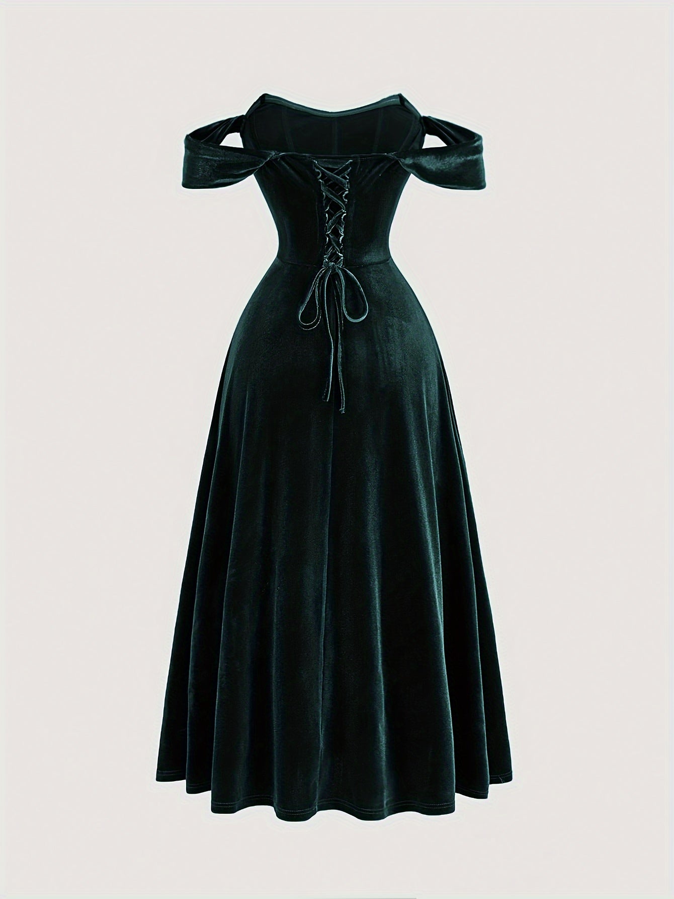 Elegant Off-Shoulder Knit Dress, 95% Polyester 5% Spandex, Solid Color Long Length Fit and Flare Gown with Tie Back Details for All Seasons