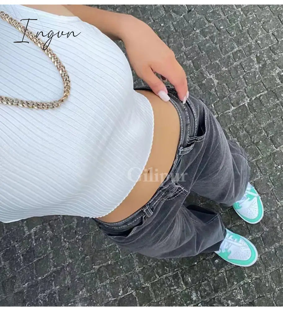Ingvn - Hot Sell Quality Low Waist Jeans Women Baggy Jeans 2023 New Fashion Straight Leg Pants Y2k Denim Trousers Vintage Loose Blue Washed Mom Jeans