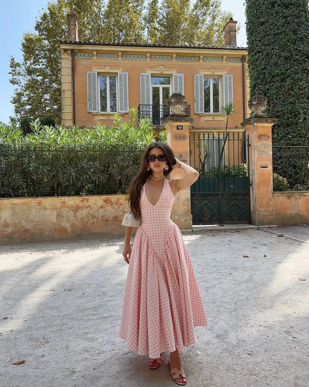 Plaid Print Halter V-neck Midi Dress Women Sexy Off Shoulder Sleeveless A-line Pleated Dress Lady Casual Vacation Vestidos