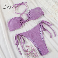 Ingvn - Shiny Bikinis Swimwear Women Summer Bikini Set String Swimsuit Micro Thong Two Piece Suits Halter Beachwear Sexy Bath Suits